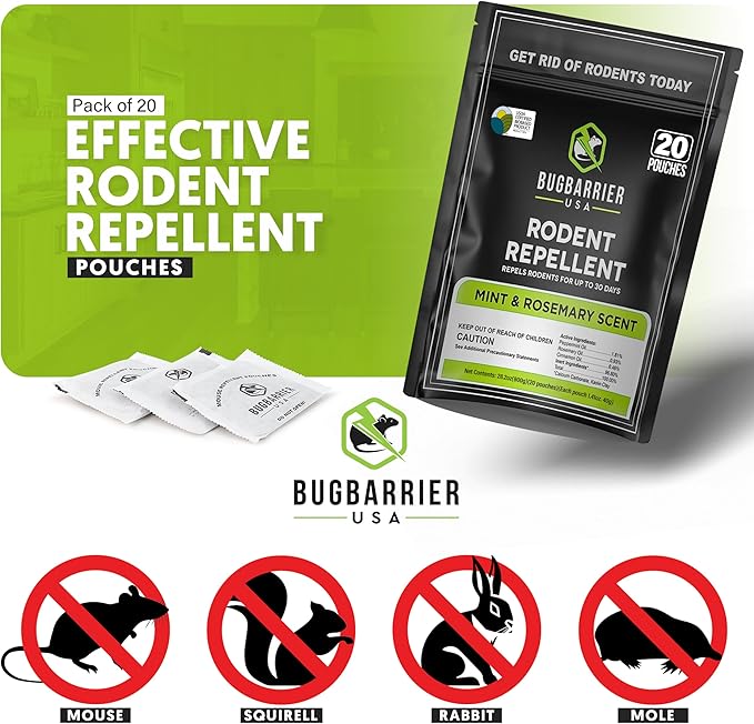 BugBarrier's Extra-Strength Mouse Repellent Deterrent Pouches, USDA 99% Biobased, Peppermint & Rosemary Oils Repel Mice Nesting in Car, RV, Boat, Garage, Shed, Cabin Made in The USA (Pack of 20)