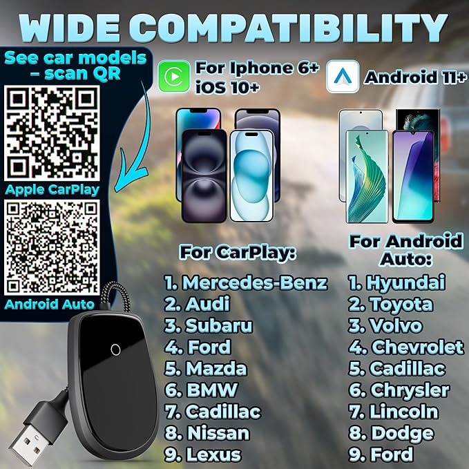 Wired to Wireless CarPlay Adapter for Android & iOS - Updated 2026, Easy Plug & Play Setup | Stable Connection for Seamless Drive | Bluetooth CarPlay Adapter for iPhone with WiFi | iOS 10+/Android11+