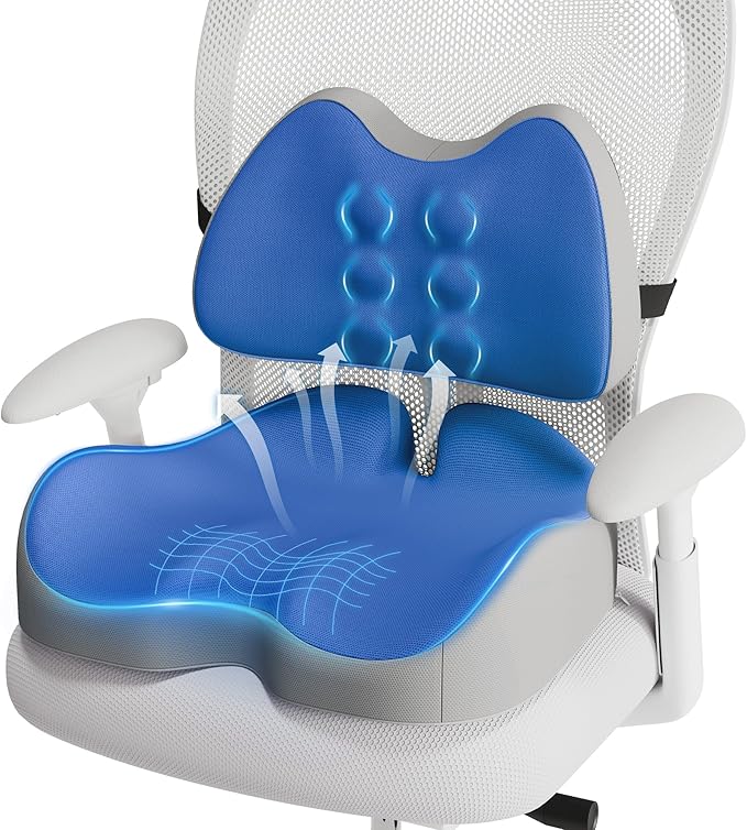 Benazcap Large Memory Foam Seat Cushion Lumbar Support Pillow for Sciatica & Tailbone Pressure Relief Coccyx Pad for Office Chair, Wheelchair, Car, Home, Office, Blue
