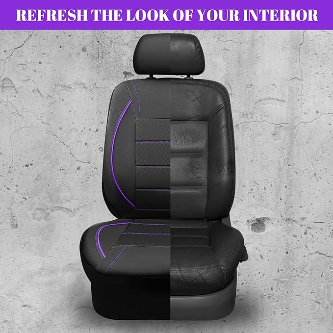 CAR PASS Piping PU Leather Car Seat Cover,Inside Zipper Design and Reserved Opening Holes Airbag Compatible,Universal FIT for Car, SUVs,Van,Trucks,Full Set, Black & Purple