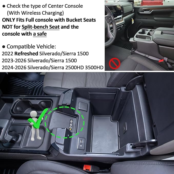 TOPINSTALL 22-26 Full Size Tray 2-Lay Space Compatible with 2022-2026 Refreshed Silverado/Sierra 1500 and 2024-2026 Chevy Silverado/GMC Sierra 2500HD 3500HD Use with OEM Organizer (Bucket Seats ONLY)