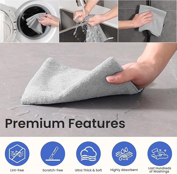Microfiber Cleaning Cloths-12 Pack,Microfiber Towels for Cars & Kitchen,Highly Absorbent Cleaning Towel,Lint Free Streak Free Rags for House,Window,Grey(12.2"x12.2")