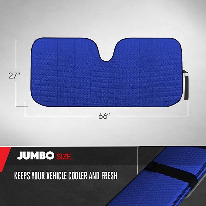 Motor Trend Blue Accordion Folding Car Windshield Sun Shade - Blackout Sun Visor for Car Windshield - Foldable Jumbo Sunshade and Front Window Truck Sun Screen for UV Sun Protection - 66 x 27
