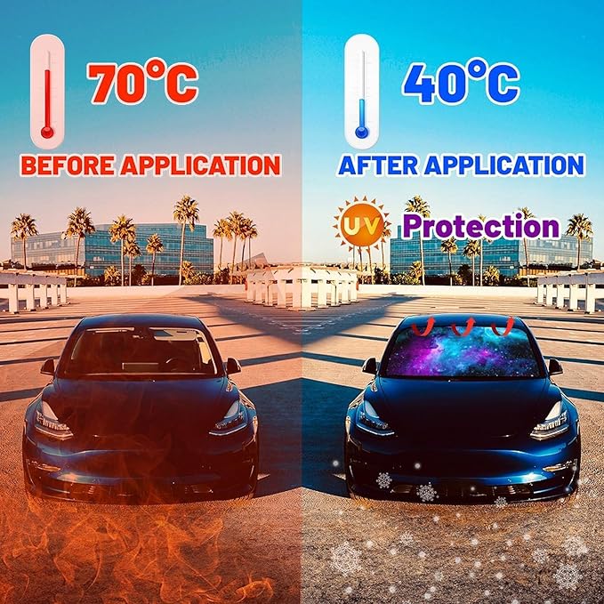 CHILLTEK Funny Car Windshield Sun Shade, Purple Starry Nights Car Sun Shade, Block UV Rays Heat Foldable Windshield Umbrella Sun Visor Protector - Keep Vehicle Cool for Cars SUV