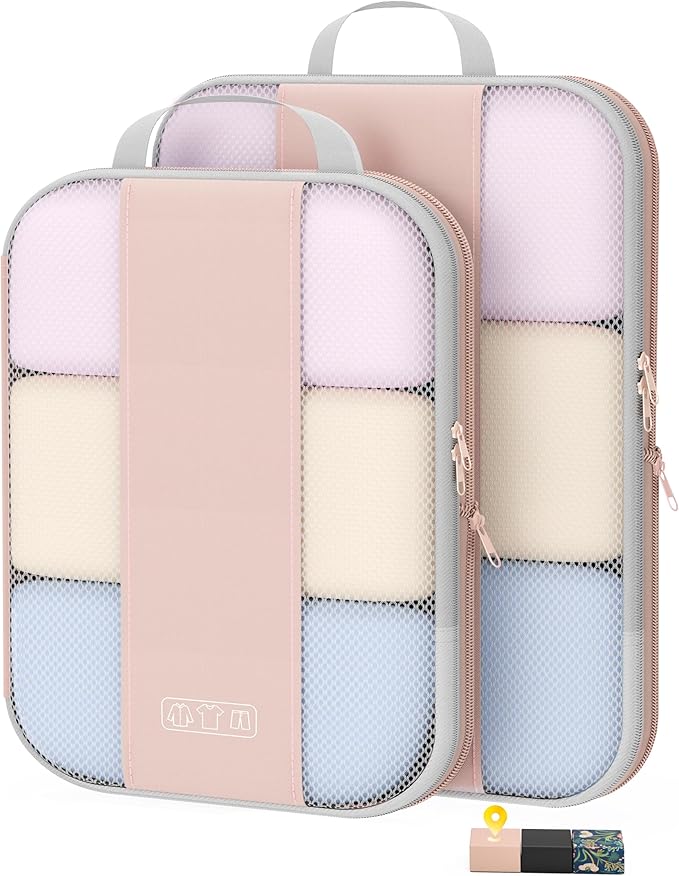 2 Set Compression Packing Cubes for Travel Essentials,Compressible Expandable Packing Cubes for Suitcase,OlarHike Luggage Organizer Bags for Travel,Handy Helper for Organizing Clothes(Beige)