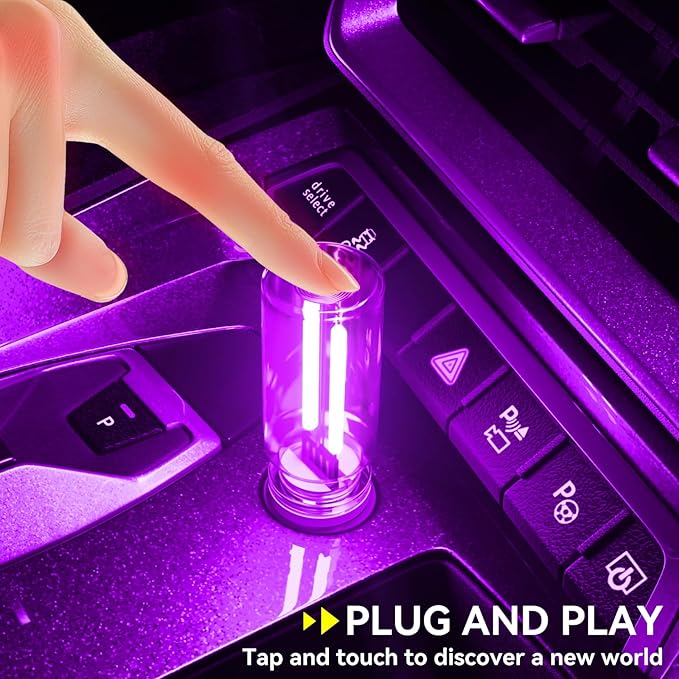 4 PCS USB Night Light, Touch Dimmable Mini USB LED Car Interior Ambient Lights, Portable Plug-in Glass Bottle Night Lamp for Car, Tent, Desk, Bedside (2Green&2Purple)