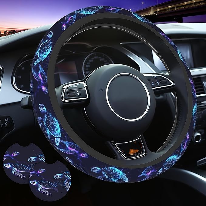 Sea Turtle Steering Wheel Cover - Bule Sea Turtle Steering Wheel Cover Anti-Slip Breathable Universal 14-15 Inch Car with 2 Pcs Car Coasters Suitable Men Women