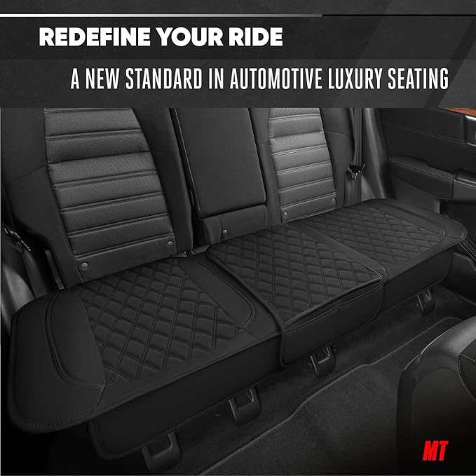 Motor Trend Rear Seat Cushion - Black Diamond Stitched Faux Leather Rear Seat Cover for Cars, Trucks, SUVs - Padded, Waterproof, Non-Slip Back Seat Cover with Storage Pockets