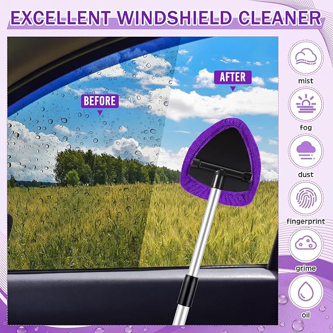FoldTier 8 Pcs Car Windshield Cleaner Kits with Extendable Handle, 5 Microfiber Towel Pads, 1 Brush, 1 Empty Spray Bottle for Auto Glass Wiper Suvs Rvs & Home Windows(Purple)