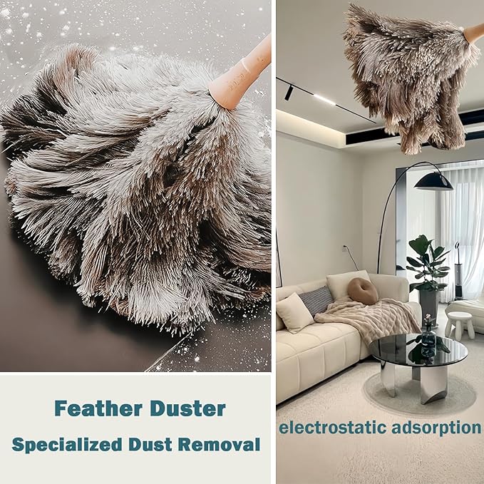 Ostrich Feather Duster for Cleaning-Furniture Dusters with Handle Ddzmz Hand Duster with Fluffy Natural Genuine Feather Reusable Household Duster, Gray and Brown(Length 16")