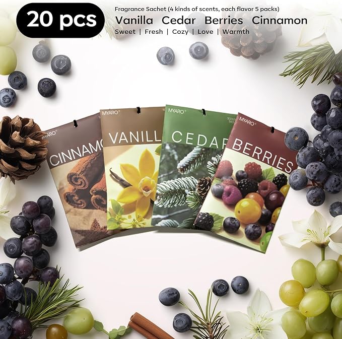 MYARO 20 Packs Cedar Cinnamon Vanilla Berries Potpourri Bag Scent Sachet for Closet Drawer Room Car Home Air Freshener Shoe Odor Elimination