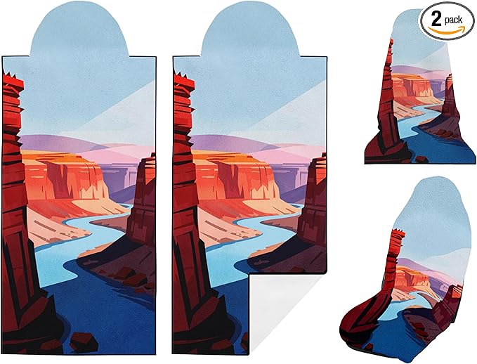 2 Pack Car Seat Towel Covers, Sweat Protector for Front Seats, Premium Thickened Microfiber with The Grand Canyon, Breathable & Quick Dry, Slip-on Headrest Pocket for Gym Running Beach Universal Fit
