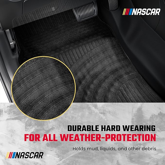 NASCAR Essential Car Floor Mats – 4-Piece Set | All-Weather Protection | Universal Fit for Cars, Trucks & SUVs | Trim-to-Fit | Black Rubber Floor Mats