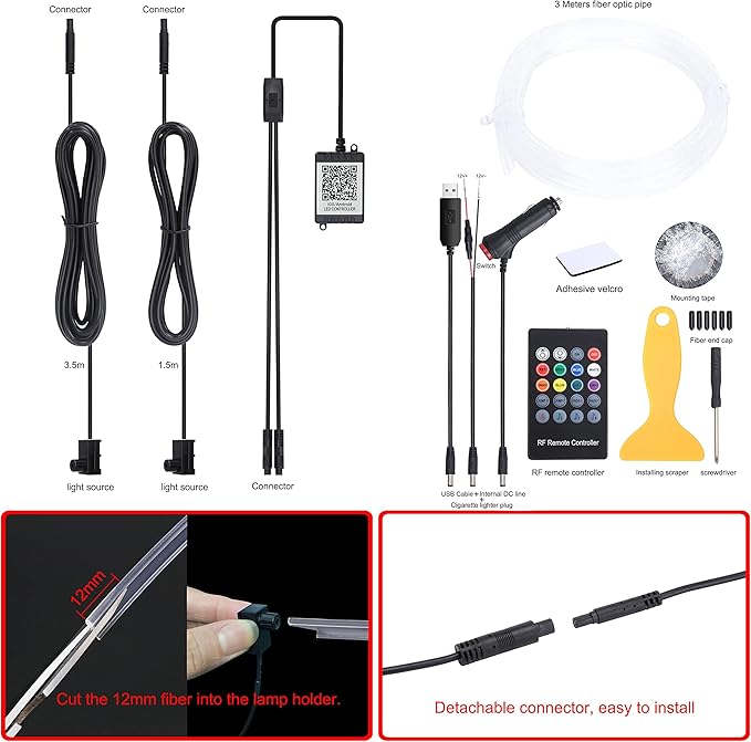 Car Atmosphere Light Kit 3m Fiber Optic RGB Multicolor Sound Active Music Sync Memory Function RF Remote Controller + Bluetooth APP Control 64 Colors USB Car Interior Ambient Lighting Kit 12V