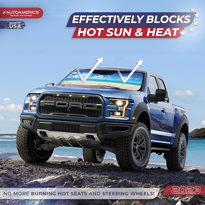 Autoamerics 1-Piece Windshield Sun Shade - Sunny Beach Design Foldable Car Front Window Sunshade for Cars SUV Truck Heat Blocker Visor Protector Blocks Max UV Rays and Keeps Your Vehicle Cool X-Large