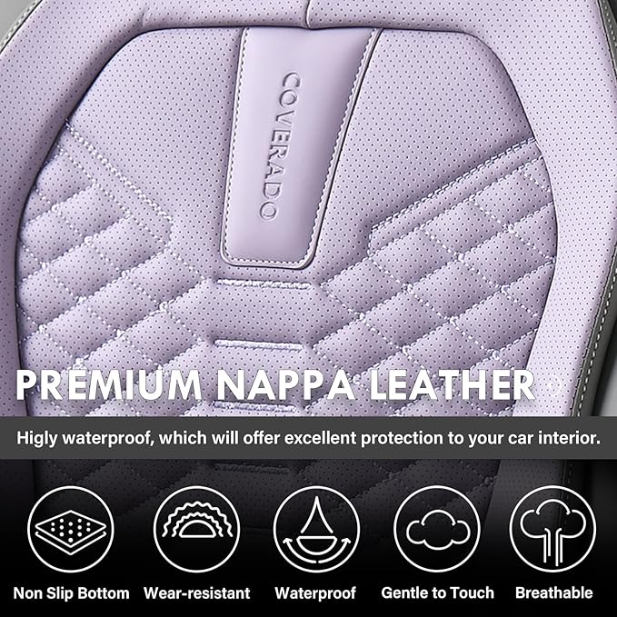Coverado Seat Covers Full Set, Waterproof Nappa Leather Seat Covers for Cars, 5 Seats Universal Car Seat Protectors, Gray and Purple Car Seat Covers Car Seat Cushions Fit for Most Cars (Gray&Purple)