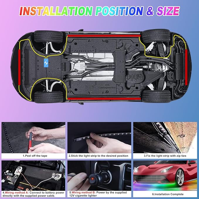 Kairiyard 4Pcs Underglow LED Lights for Cars with App Control, RGB Dream Colors Chasing Music Mode Waterproof Underglow kit for Car Truck