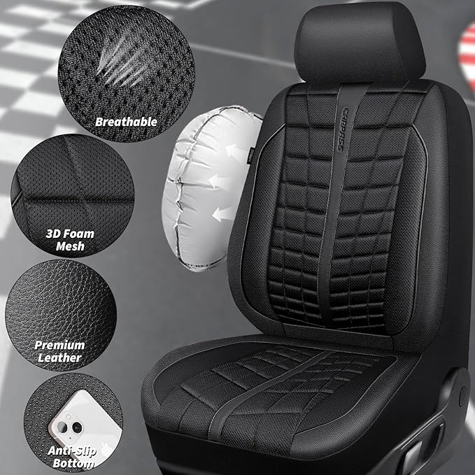 CAR PASS 3D Foam Mesh Leather Car Seat Covers Full Set, Breathable Premium Leather Seat Covers for Car, Anti Slip Universal Fit for Trucks Cars Sedans Vans SUVs, Airbag Compatible, All Black