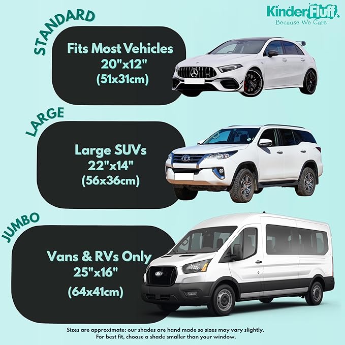 Car Window Shades - Certified 99.79% UVA & 99.95% UVB sun protection. Award winning car sun shade for side windows. 4 Pack (2 Transparency options) 20" x 12" -window shade for car baby by Kinder Fluff