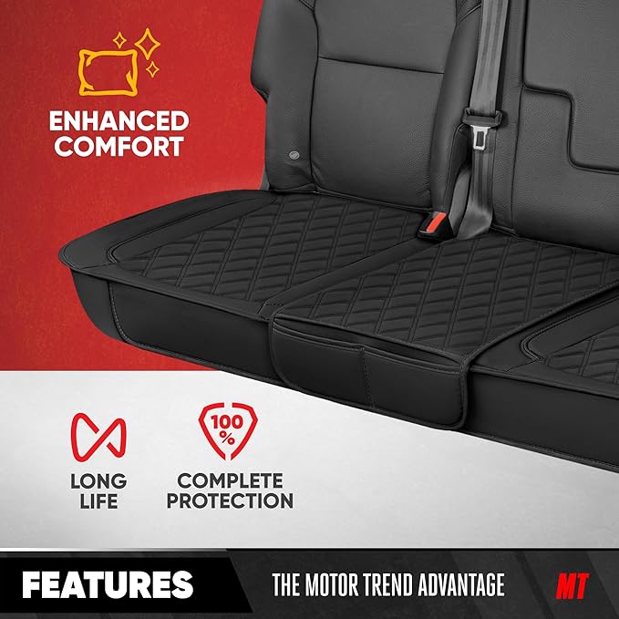 Motor Trend Rear Seat Cushion - Black Diamond Stitched Faux Leather Rear Seat Cover for Cars, Trucks, SUVs - Padded, Waterproof, Non-Slip Back Seat Cover with Storage Pockets