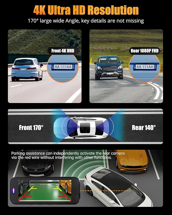 Dash Cam Front and Rear, 4K+1080P Dual Dash Camera for Cars with 5G WiFi, Built-in High-Capacity Storage, Night Vision, G-Sensor, 24H Parking Mode