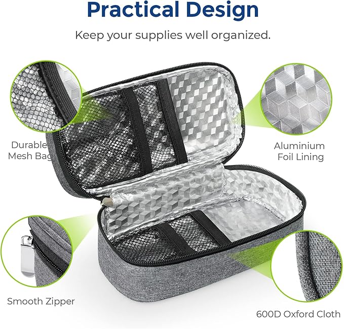 AUVON Insulin Cooler Travel Case with 2 x 160g Ice Packs, 10–11 Hour Cooling, Compact Insulated Diabetic Medication Bag Fits 3–4 Insulin Pens & Diabetic Supplies, 8.27 x 4.33 x 2.56 in, TSA-Friendly