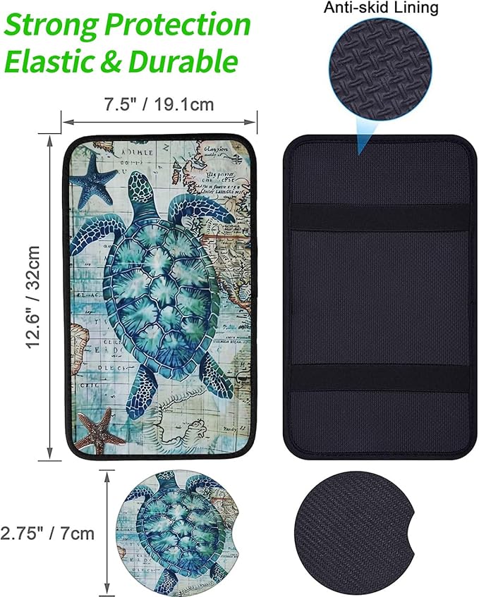 Car Armrest Cover Pads Universal Fashion Cute Auto Center Console Armrest Cover Pad with 2PCS Car Coasters Soft Waterproof Car Armrest Seat Protector for Women, Sea Turtle Starfish