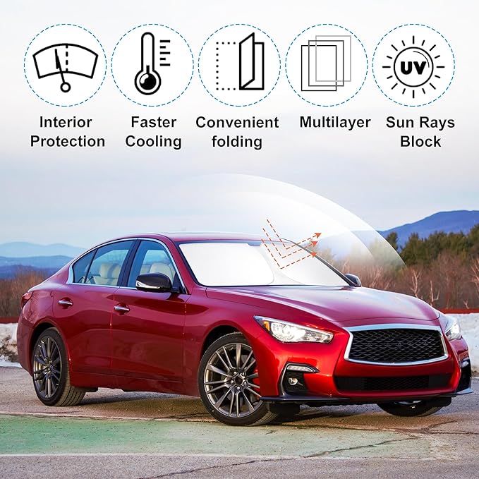 Windshield Sun Shade Custom Fit for 2014-2023 2024 Infiniti Q50 Accessories Foldable Sunshade Sun Blocker Protect Car from Sun Rays & Heat Damage Keep Car Cooler