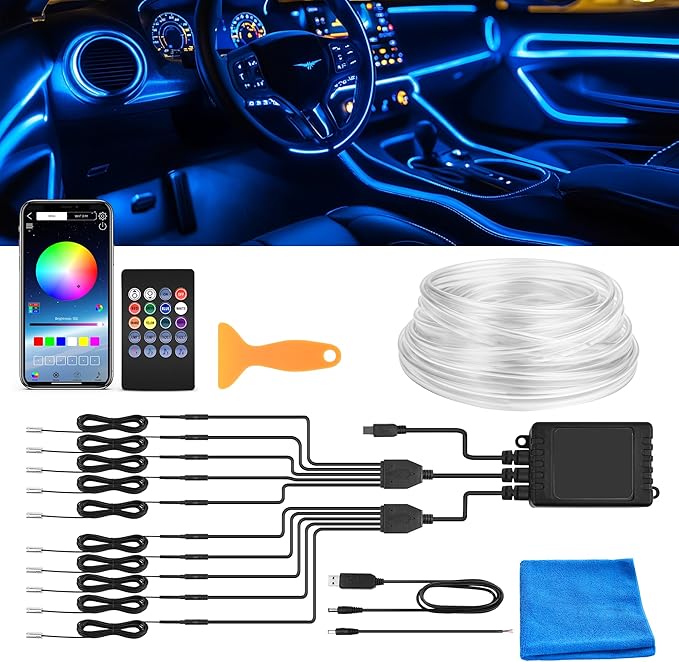 Interior Car LED Strip Lights, RGB 10-in-1 16 Million Colors Ambient Lighting Kit with 470 inches Fiber Optic Wireless APP & Remote Control Music Sync