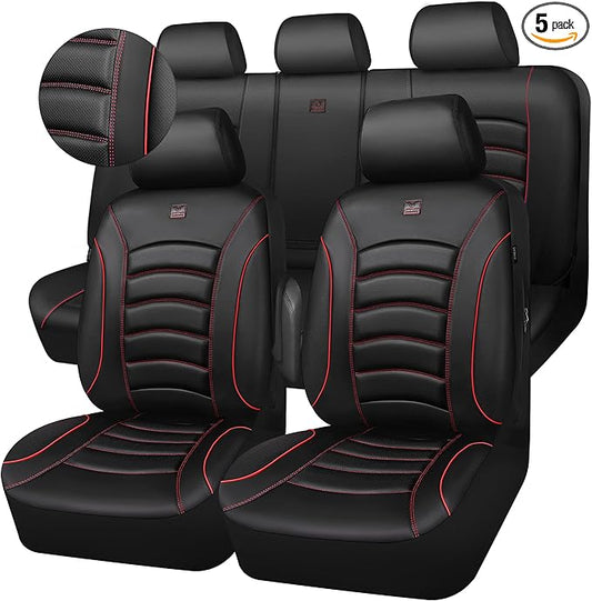 CAR PASS 3D Foam PU Leather Car Seat Covers, Universal Seat Covers Full Sets for Trucks SUV Sedan Automotive Seat Covers Armrest Airbag Compatible Waterproof Comfortable Faux Nappa Leather Black Red