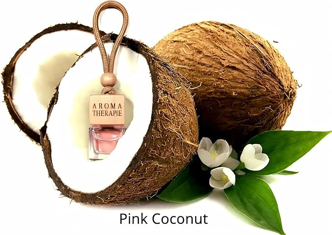 Aromatherapy Car Air Freshener, Natural Fragrance Hanging Diffuser, Long Lasting, Multiple Scents Including Peach, Vanilla Cream, Pink Coconut, and Freesia, Glass Bottle with Wooden Cap, 4pcs