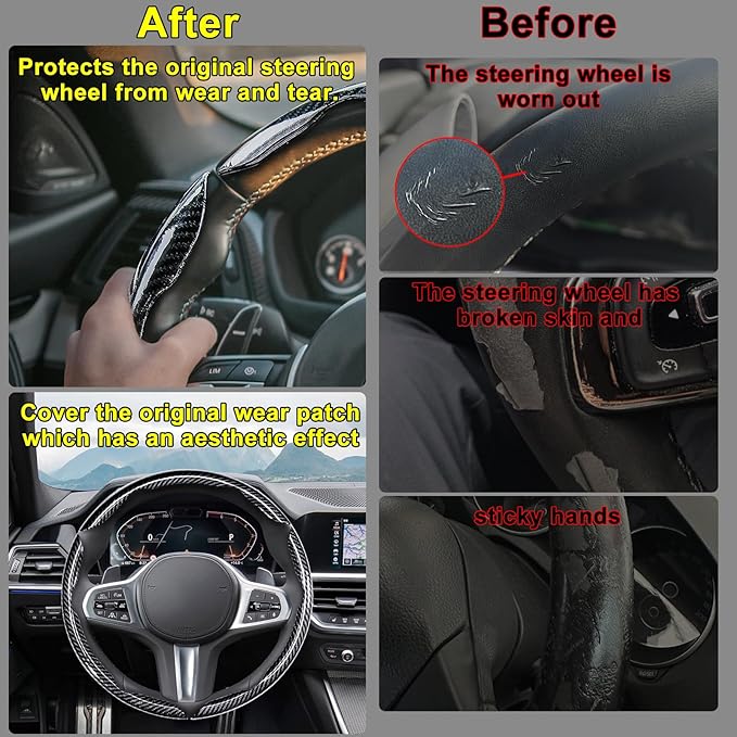 Steering Wheel Covers,3PCs Carbon Fiber Anti-Skid Clip on Car Steering Wheel Cover Protector, Universal 99% Car Wheel Cover Protector,Black