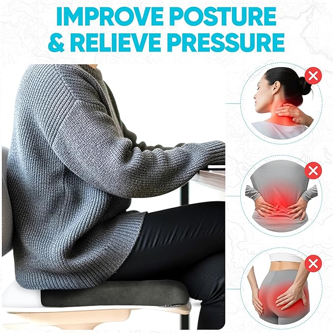 FORTEM Seat Cushion, Office Chair Cushion, Desk Chair Memory Foam, Sciatica Coccyx Tailbone Pain Relief, Pressure Relief, Sitting Pad, for Long Gaming & Sitting, Washable Cover, Non Slip