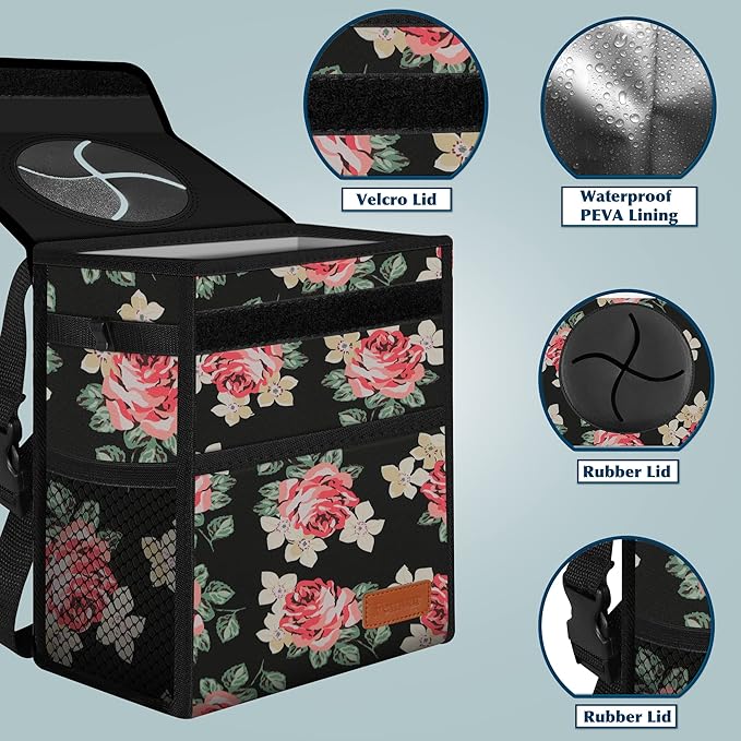 Femuar Car Trash Can Leak Proof Car Trash Bag Waterproof Car Garbage Can with Lid for SUV Front Seat Multipurpose Car Hanging for Headrest Collapsible and Portable with Storage Mesh Pocket, Flower
