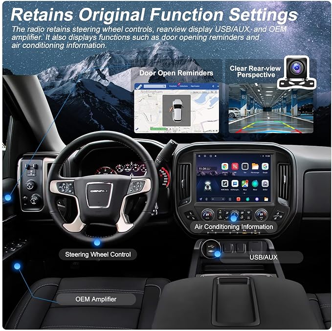 13.1" QLED Car Radio Stereo Upgrade for Chevy Silverado & GMC Sierra 2014-2018, 8-Core Head Unit 4GB+64GB with CarPlay/Android Auto, 2K Touch Screen and 1080P Backup Camera (6+128 Black)
