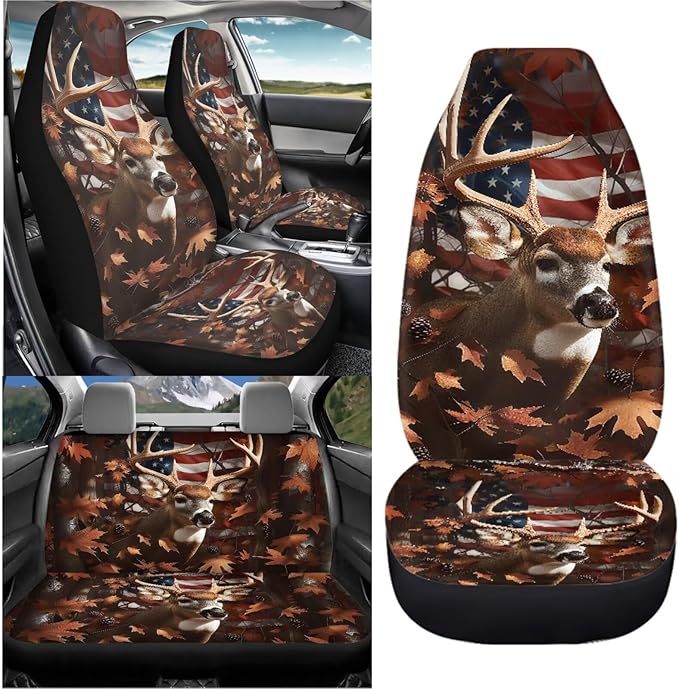KEIAHUAN American Flag Deer Car Seat Covers for SUV/Sedan/Truck/Van Universal Fit Front and Rear Split Bench Seat Cover Set Soft and Stretchy Auto Interior Accessories Decoration
