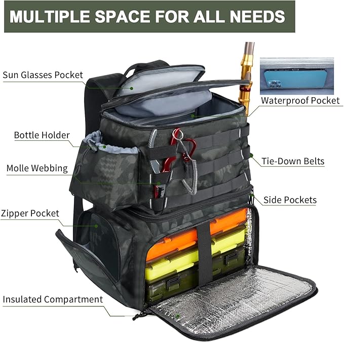 MATEIN Fishing Backpack, Water Resistant Tackle Storage Bag with Rod Holders & Cooler, Fishing Gifts for Men
