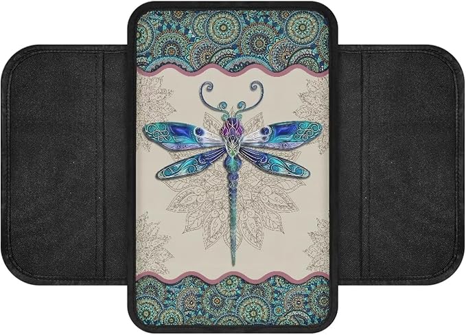 Boho Mandala Floral Dragonfly Pattern Center Console Covers for Cars Anti-Slip Car Armrest Cover Cushion Stretchy Auto Armrest Storage Box Mat Auto Center Console Cover Pad
