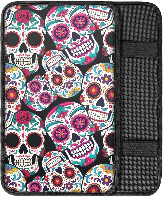 Dreaweet Sugar Skull Center Console Armrest Pad Cover Halloween Car Accessories Soft Comfort Arm Rest Cover Pad Universal Middle Console Covers for Cars SUV Truck Sedan