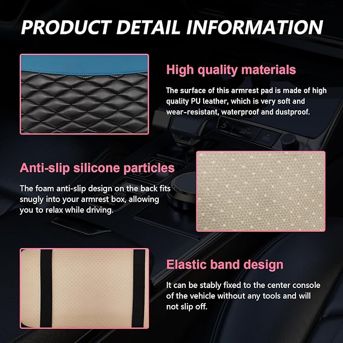 Car Center Console Cushion Pad, PU Leather Waterproof Auto Armrest Box Cover Protector, Comfortable Armrest Seat Box Cover Mat, Universal Car Accessories for SUV Truck (Black Green)