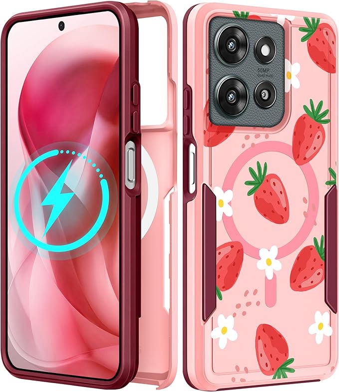 for Moto G 2025 Case Women - Compatible with MagSafe Cute Girls Magnetic Protective Phone Cover Girly Kawaii Strawberry Heavy Duty Shockproof Design for Motorola Moto G 5G 2025 Cases