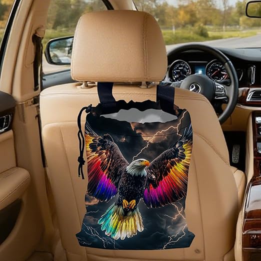 Colorful Bald Eagle Car Trash Bag,Lightning Sky Strap Drawstring Car Garbage Bags,Car Back Seat Organizer with Adjustable Buckle for Car Accessories