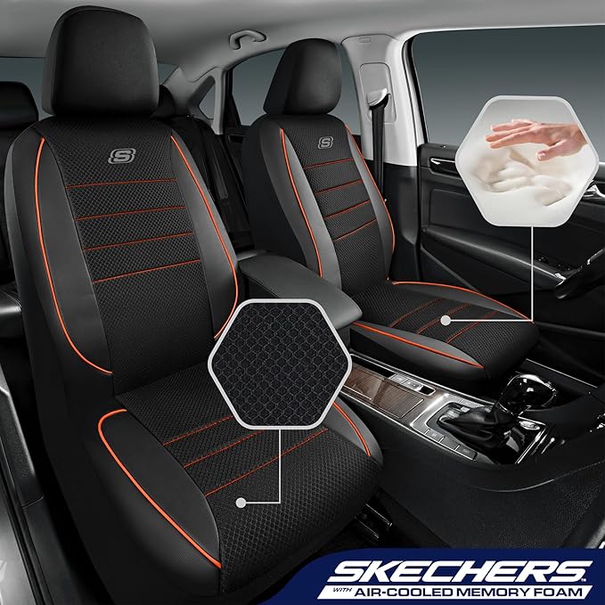 Skechers Air-Cooled Memory Foam Seat Covers,Mesh Thick Car Seat Covers,Piping Leather Car Seat Covers Front Seats,Airbag Compatible,Automotive Comfort Universal FitMost Cars,Vans,Truck,SUV,Orange