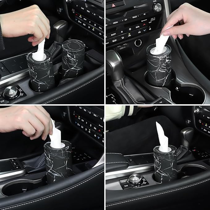SINGARO Tissue Holder, 4 Pack Car Cup Holder Facial Tissues with Travel Tissue Bag, Quick and Convenient Flower Combination Car Tissue Box(4 Canisters/200 Tissues) Black