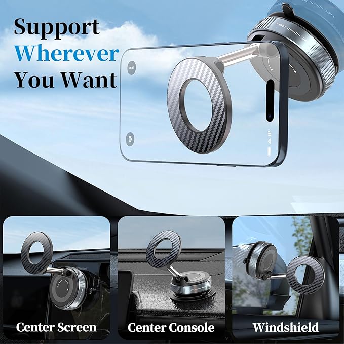 PlusAcc Vacuum Magnetic Phone Holder for Car, Suction Cup Phone Mount for MagSafe, 360°Rotatable Strong Magnet Stand for iPhone 16/15/14/13 in Smooth Surface (No Charging)