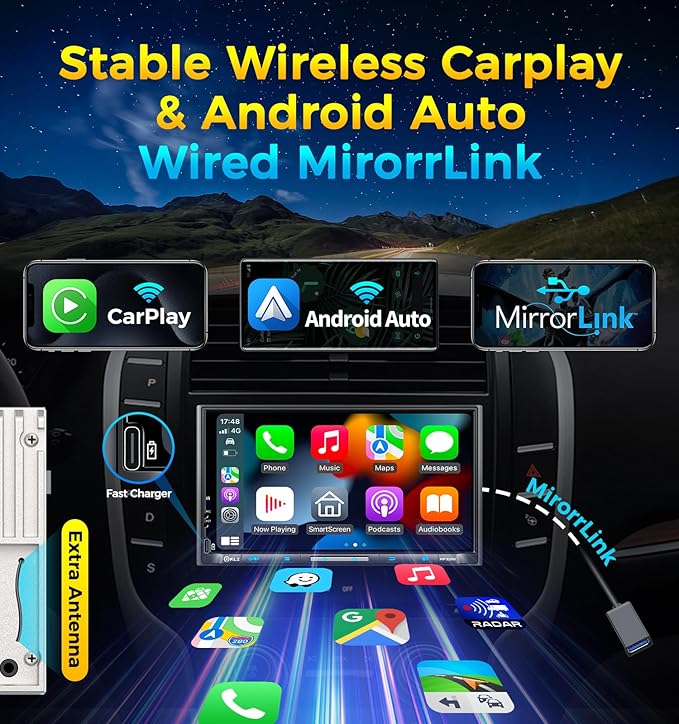 PLZ 7" Wireless Double Din Car Stereo Apple Carplay Radio QLED Screen for Car, Android Auto, Bluetooth 5.3, Fast Charger, 1080P Backup Camera, 4.2 Channel Outputs 240W, 2 Subwoofer