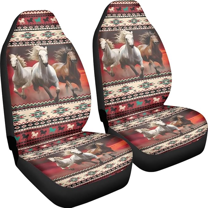 Aztec Ethnic Striped Horse Jigsaw Puzzle Print Car Seat Cover Front Seats Only Full Set of 2, Universal Bucket High Back Car Front Seat Covers