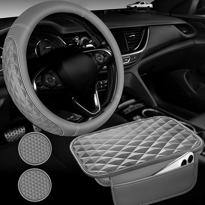 CAR PASS 3D Rhombus Memory Foam Leather Steering Wheel Cover Set, Comfortable Center Console Armrest Cushion Cover with Storage Bags Non-Slip Cup Coasters, 14.5-15in Car Interior Sets, 4 PCS All Gray