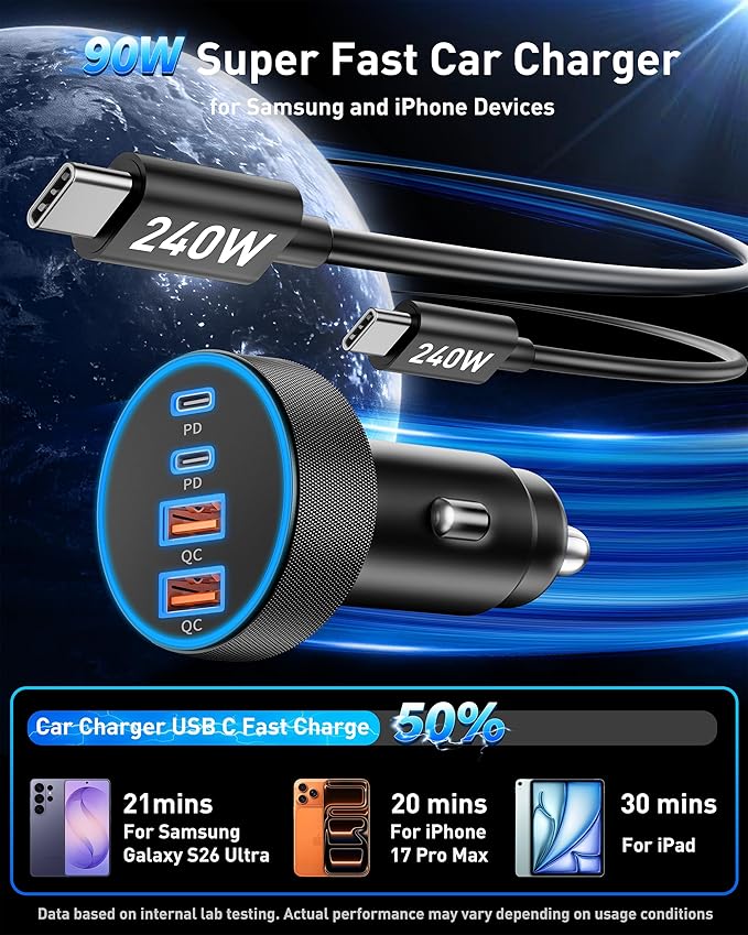 USB C Car Charger, 90W 4-Port Super Fast Charging Car Charger Adapter Dual USB-C & USB-A Cigarette Lighter with 240W Type C to C Cable Cord for Samsung Galaxy S25/S24/S23/S22/S21 Ultra, Android Phone