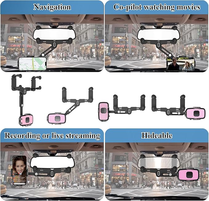Phone Mount for Car, Rear View Mirror Phone Holder, Rotatable and Retractable Car Phone Holder Mount Rearview Mirror Phone Holder for Car Compatible with iPhone Samsung Cell Phones (Pink)